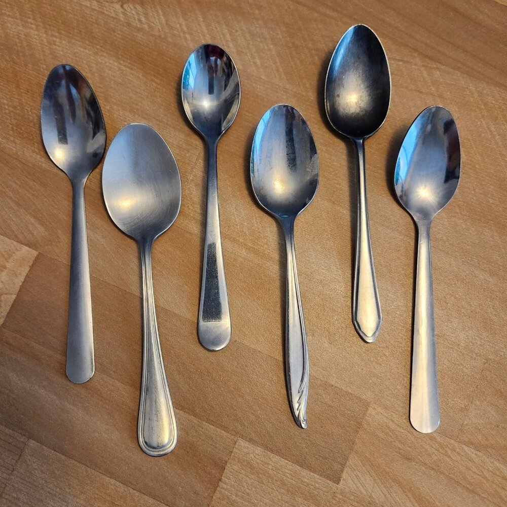 6- Mismatched Stainless Steel Table Spoons Floral Handles Various Designs